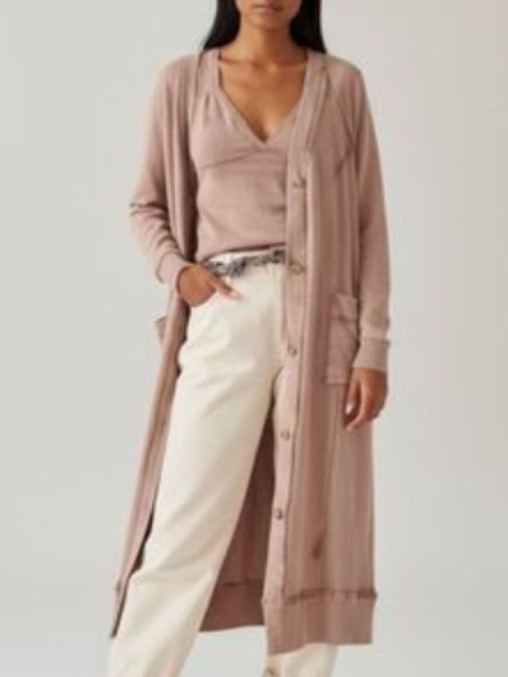 Anthropologie Buttondown Long Sleeve Pocket Dusty Rose Cardigan Maxi Dress M